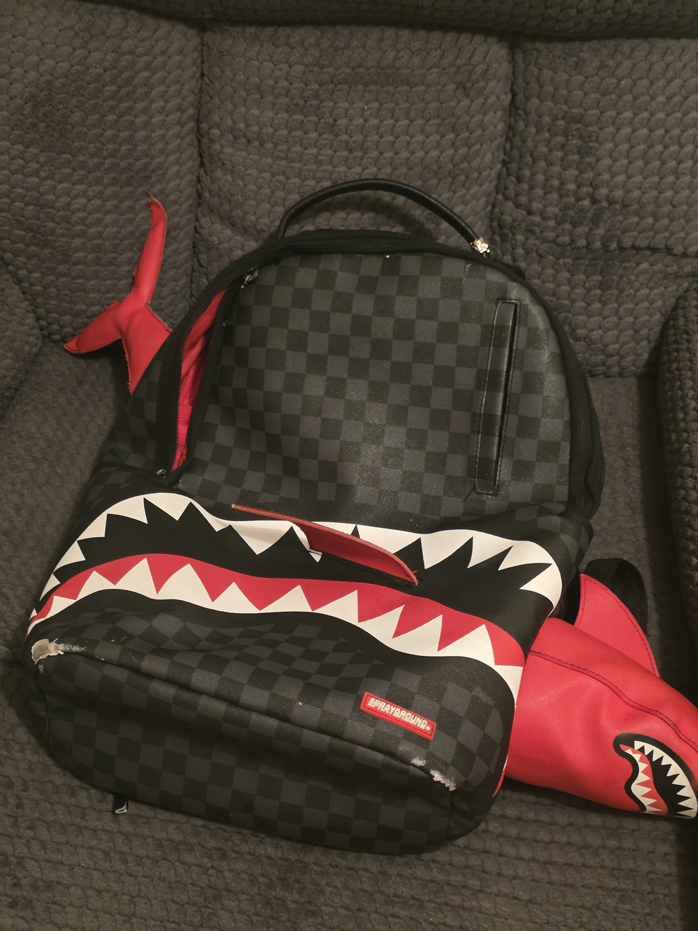Sprayground Black & Red Checker Shark Backpack Small Tear